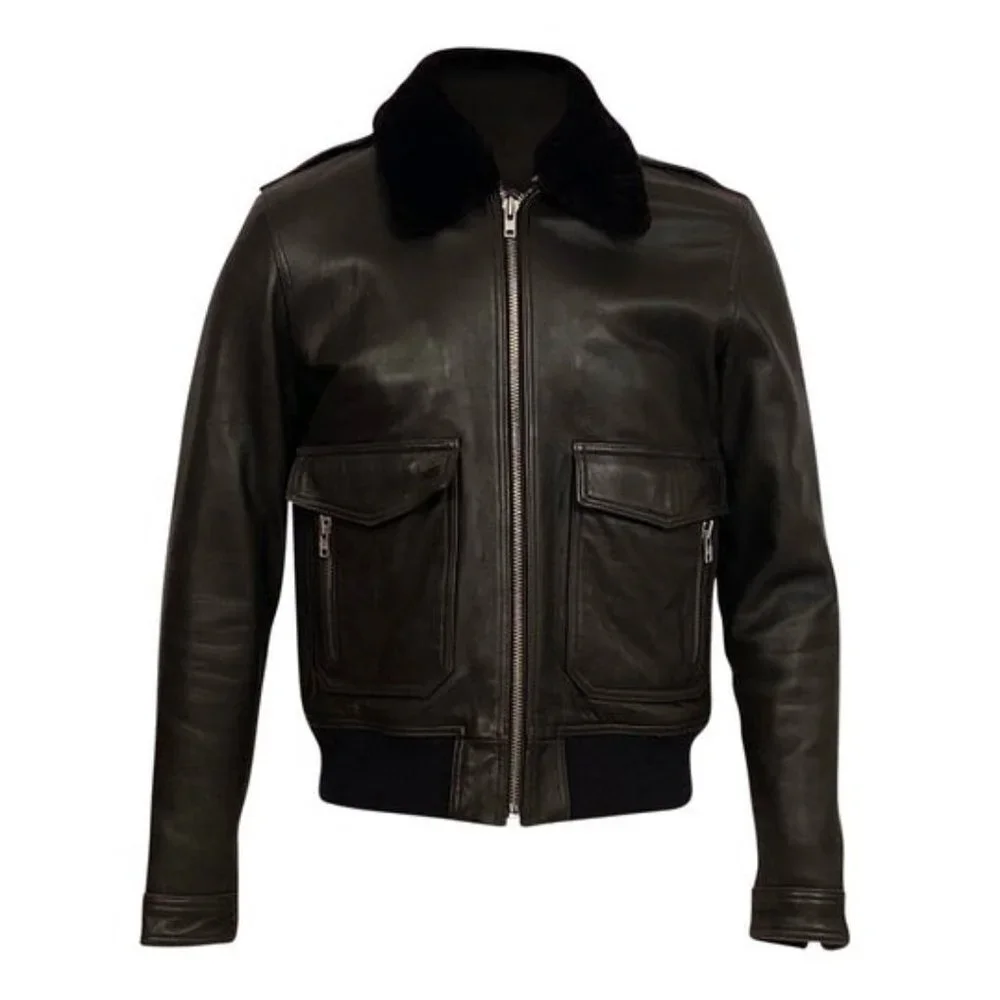 The Kooples Aviator Leather Bomber Jacket with Detachable Fur Collar in Brown XL